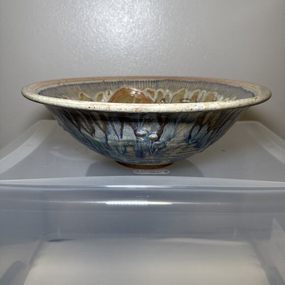 Julie Perry Signed Pottery Large Clay Bowl Tan Blue Glaze Celebrate the Wonder - Picture 2 of 12